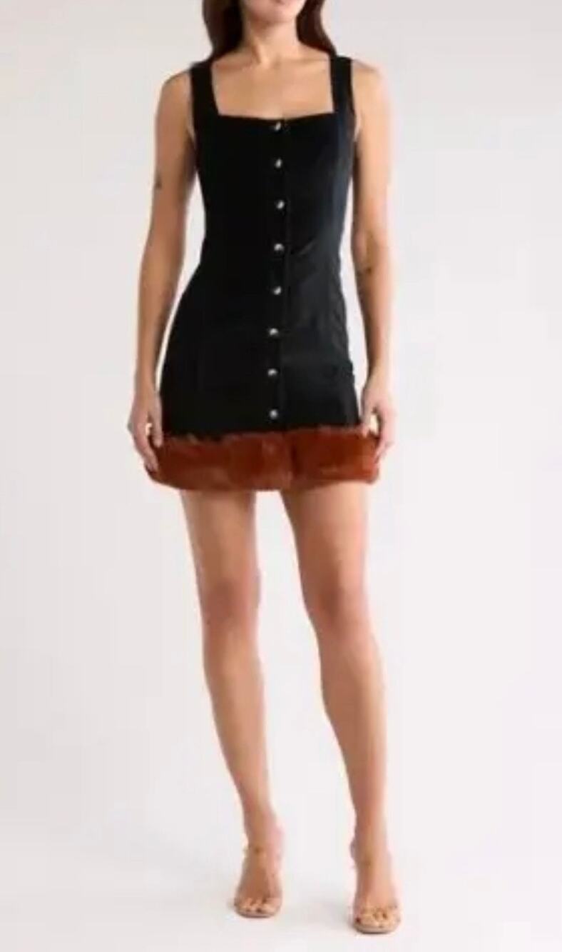 Staud mini dress square neck button-down front yin-yang symbols, faux fur (New)